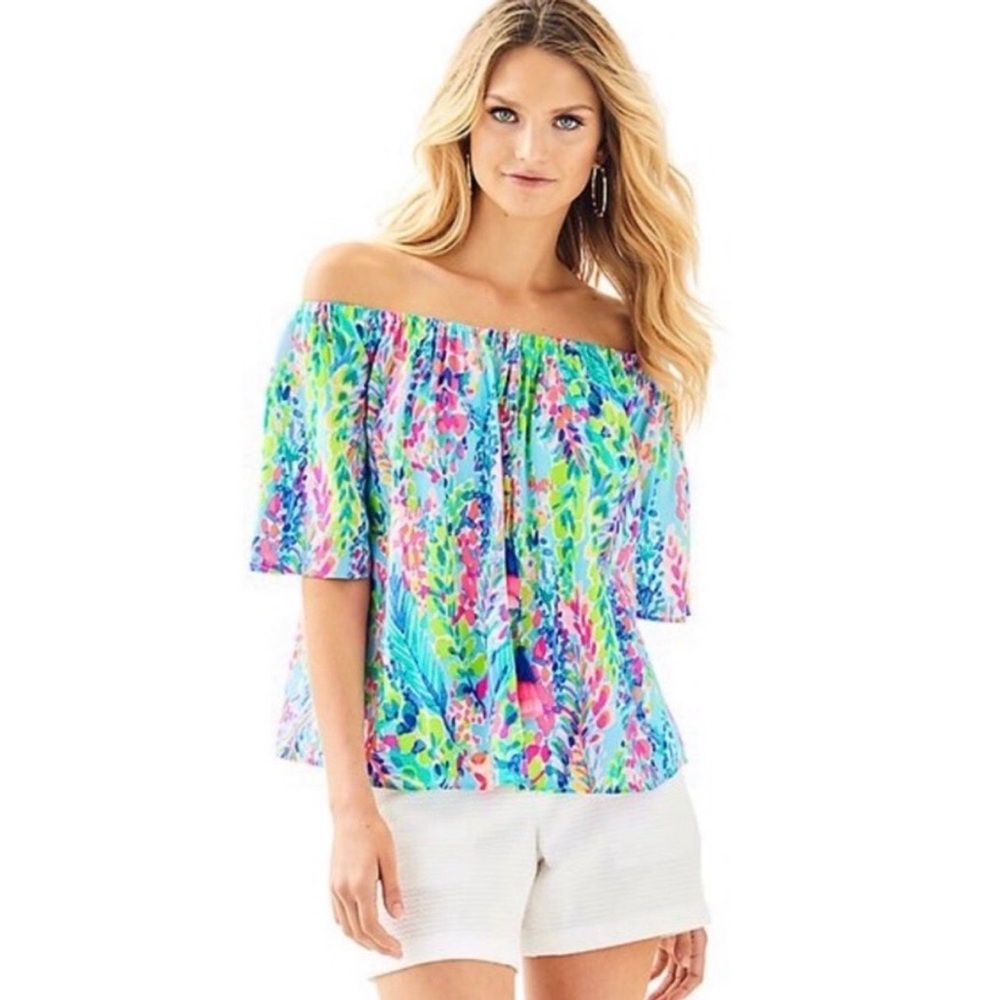 Lilly Pulitzer Sain Top Off The Shoulder Blouse Multi Catch The Wave Size XS